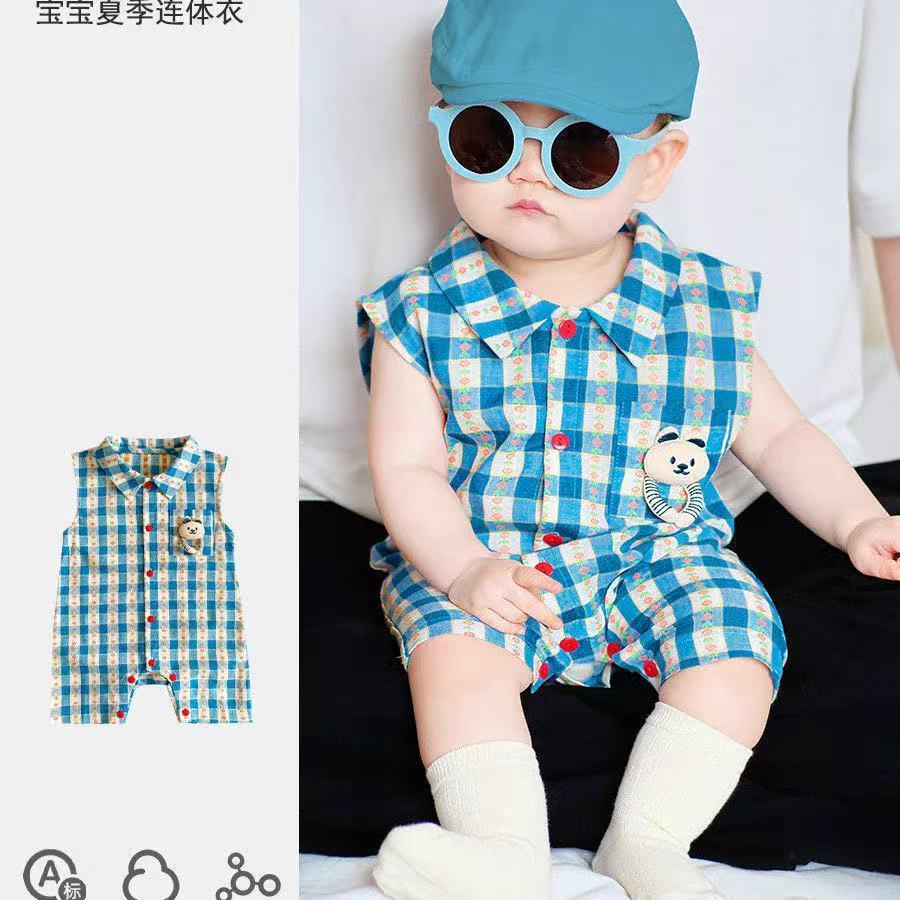 Newborn summer sleeveless casual outing romper, stylish baby lightweight bodysuit with turn-down collar and plaid pattern