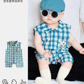 Newborn summer sleeveless casual outing romper, stylish baby lightweight bodysuit with turn-down collar and plaid pattern