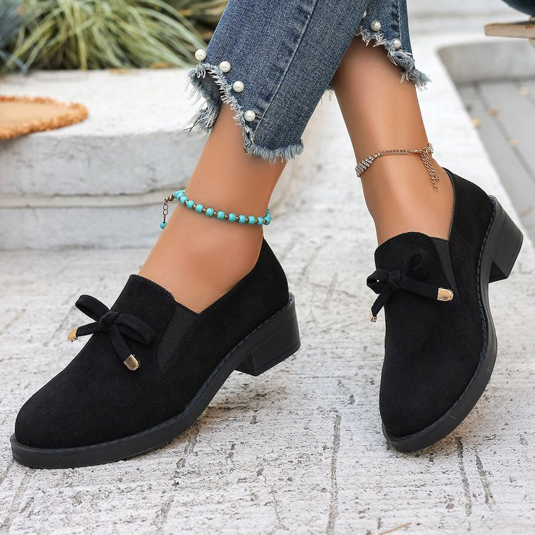 spring new plus size suede shoes, british style chunky heel, foreign trade bowknot slip-on loafers, wholesale