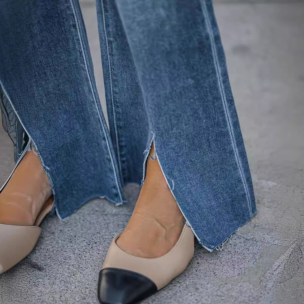 wide-leg slit jeans for women, european and american new style,  elegant high-waisted commuter jeans