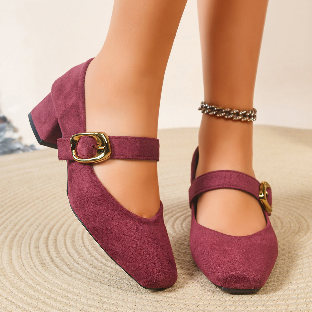 Retro thick heel suede square toe flats women's  spring & fall new arrivalfleece-lined leopard print one-word buckle mary jane shoes