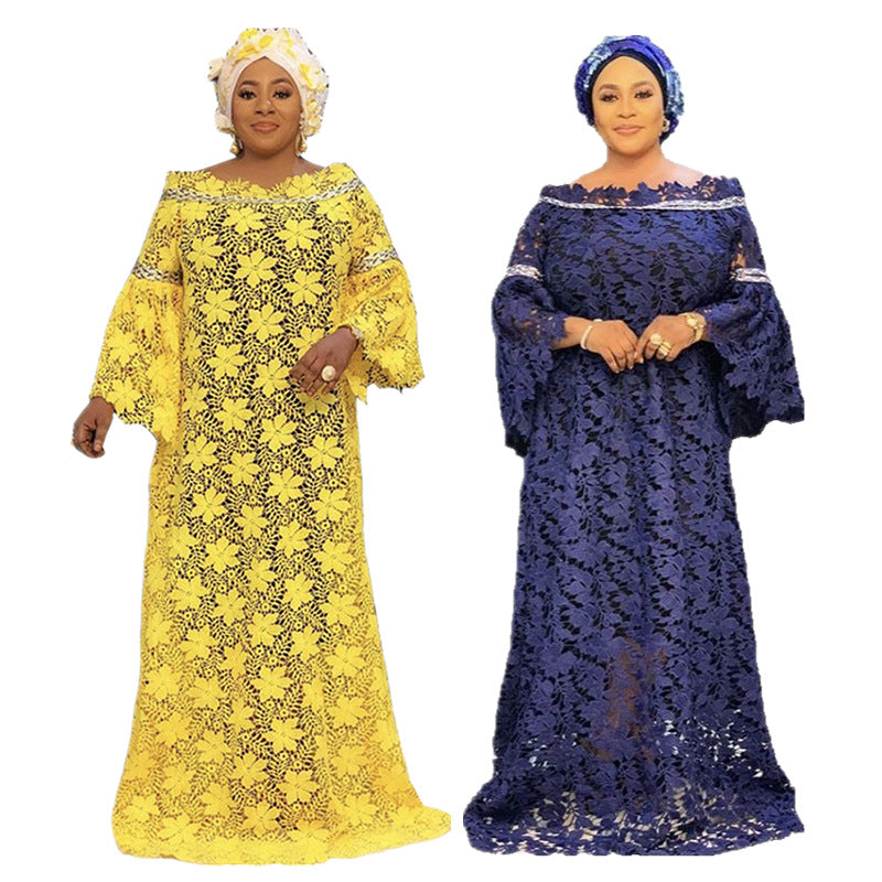 Special offer: african women's lace loose plus size robe dress with flared sleeves, fashionable long dress with matching headscarf