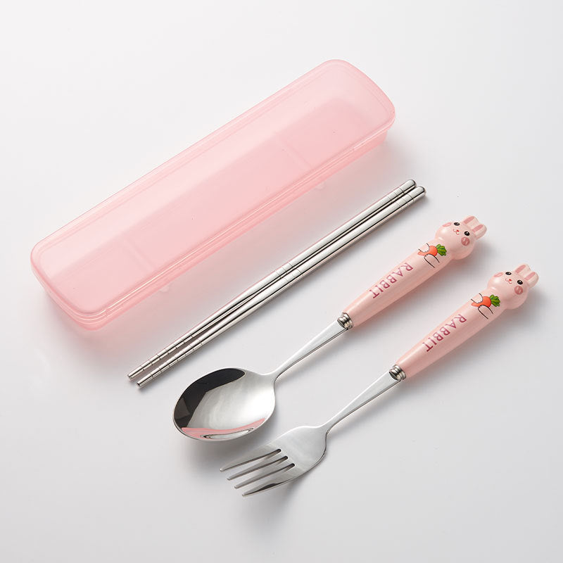 Cartoon rabbit portable cutlery set - 3-piece stainless steel spoon and chopsticks with ceramic handle