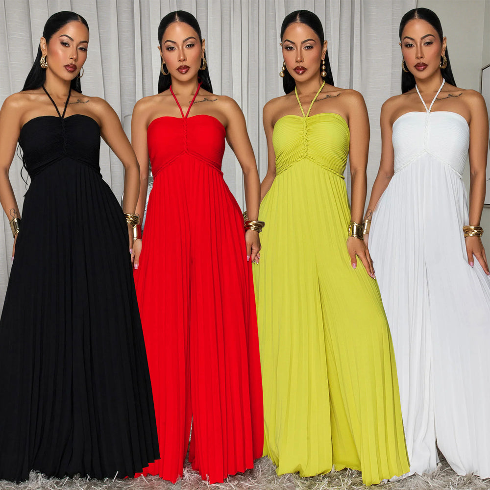 C7735 cross-border    new women's summer vacation style pleated wide-leg jumpsuit