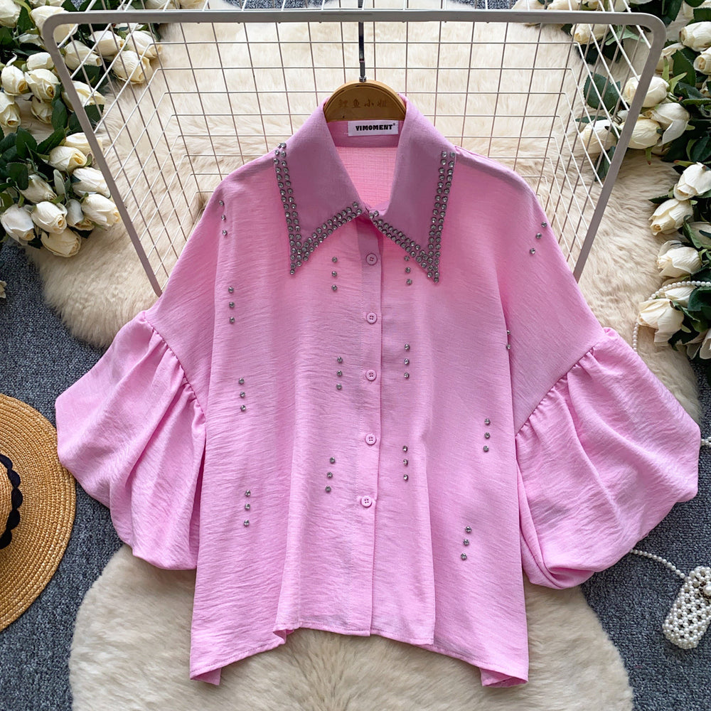 French-style heavy beaded lapel diamond-embellished shirt for women - summer lantern sleeve cardigan, loose fit, versatile, high-end top