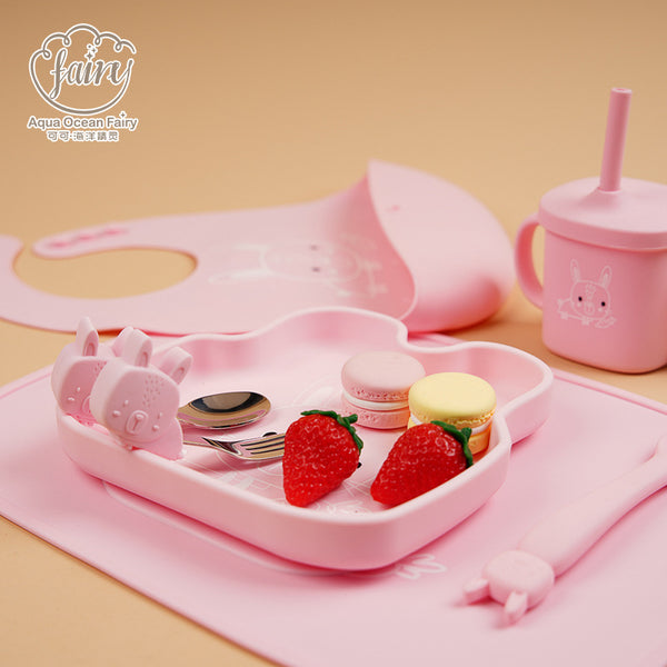 OEM custom silicone dinner plate baby bib children's meal mat spoon fork anti-drop snacks silicone cup tableware set
