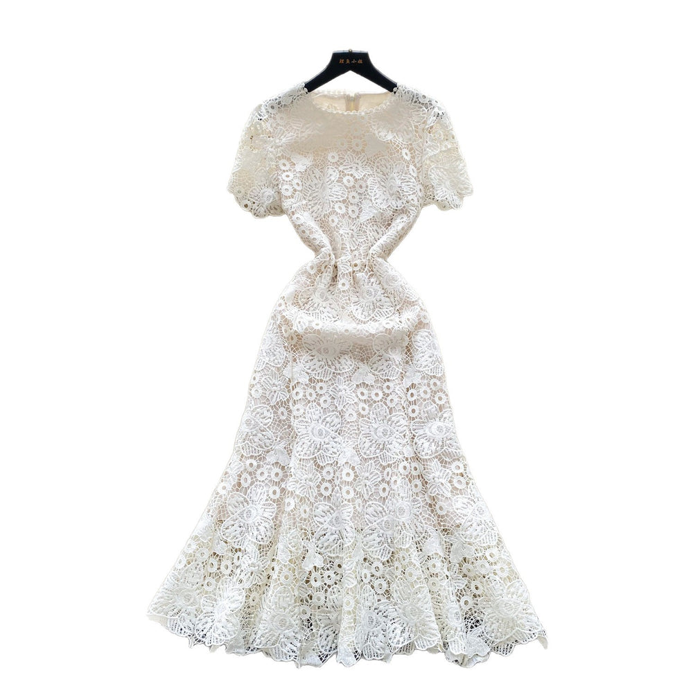High-end elegant women's dress -  summer french chic, luxurious, heavily embellished, openwork crochet lace, slim-fit mermaid maxi dress