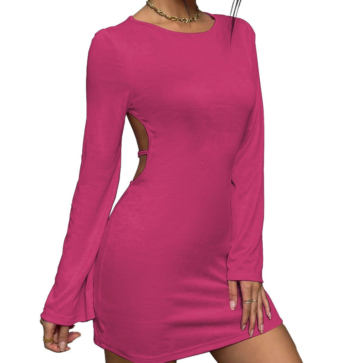 Cross-border 2024 European and American women's clothing new sexy backless round neck pullover horn sleeve hip skirt long sleeve dress