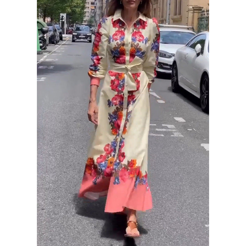 new european and american style women's casual printed tie-neck dress for cross-border e-commerce