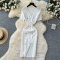 Elegant chanel-inspired v-neck short-sleeve double-breasted bodycon knit dress - women's summer slim-fit midi dress
