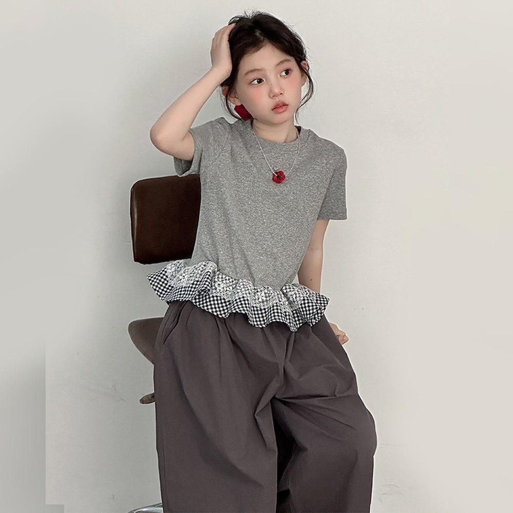 Korean style girls' plaid lace short-sleeve t-shirt set,  new arrival, super cute wide-leg pants two-piece outfit for mid-to-large children