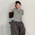 Korean style girls' plaid lace short-sleeve t-shirt set,  new arrival, super cute wide-leg pants two-piece outfit for mid-to-large children
