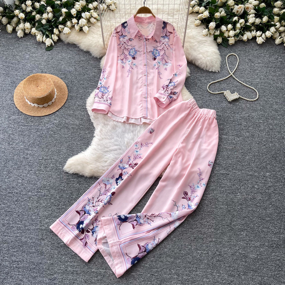 Light mature style printed cardigan wide-leg pants two-piece set for women autumwork clothingcasualslimming lookeasiest for matchsuit