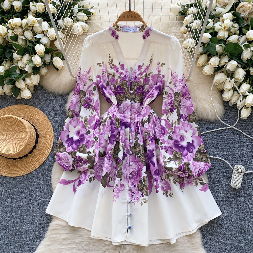 European and american cross-border chic: elegant v-neck, single-breasted, printed dress - women's slim-fit a-line mini dress, spring  collection