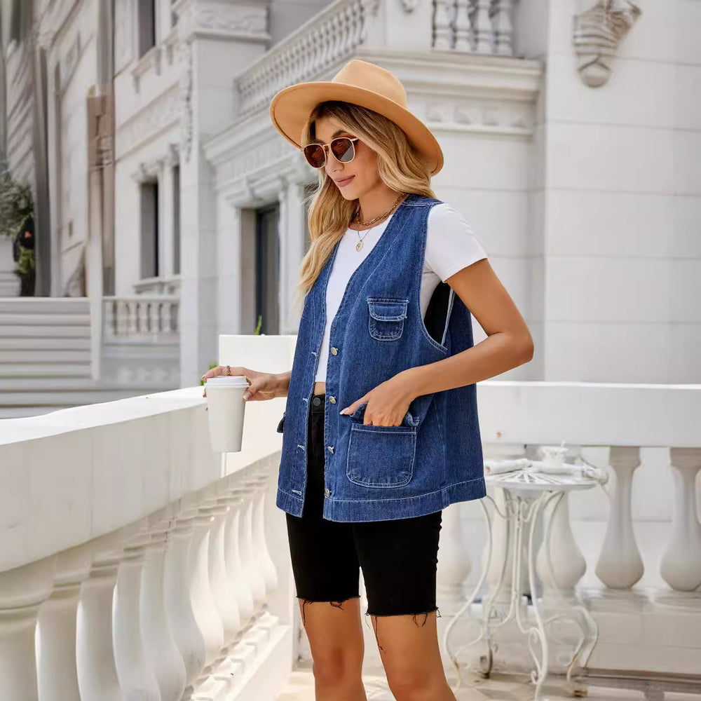 Fashion cross-border  new denim vest vest multi-pocket stylish  spring & fall washed waistcoat for women