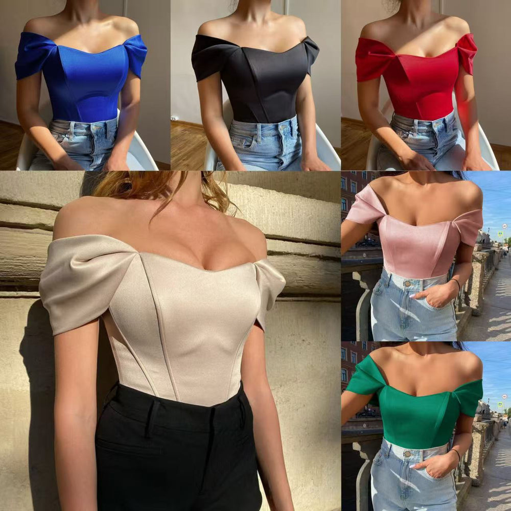 summer new arrival cross-border fishbone corset bandeau top women's satin off-the-shoulder blouse european and american style