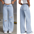 export hot-selling distressed jeans for women, light blue streetwear-style high-waisted washed denim pants