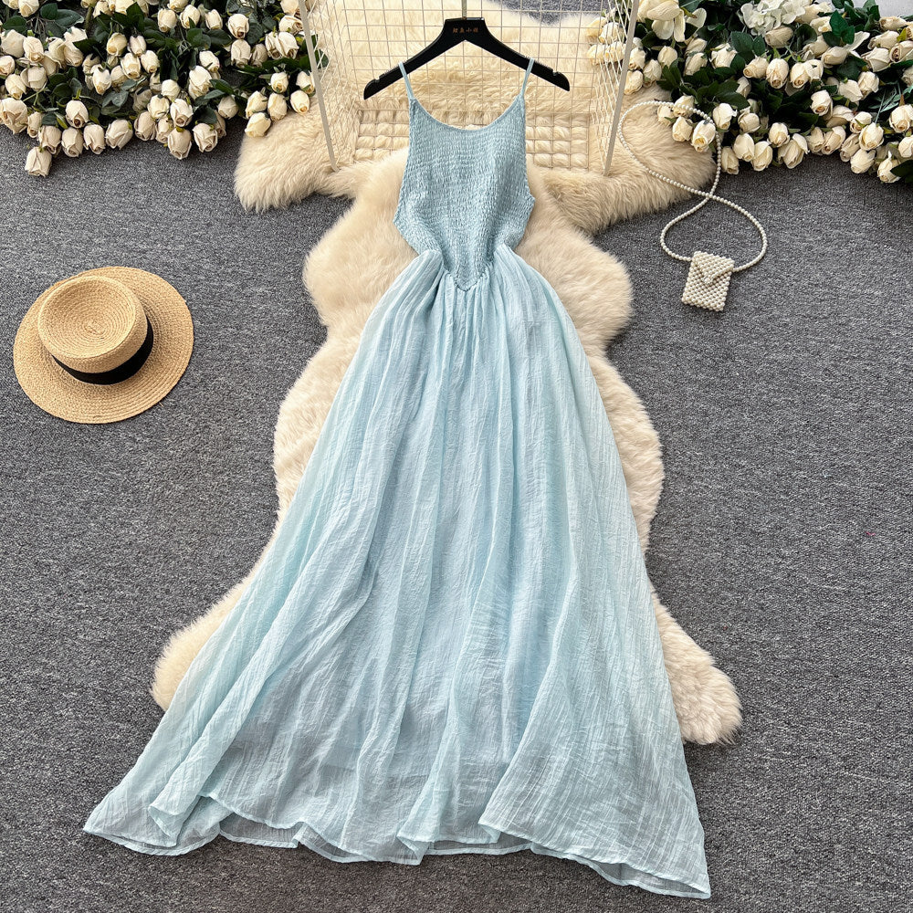 French riviera style yellow slip dress - women's spring  high-waisted, slimming, ethereal, flowy a-line maxi dress for summer