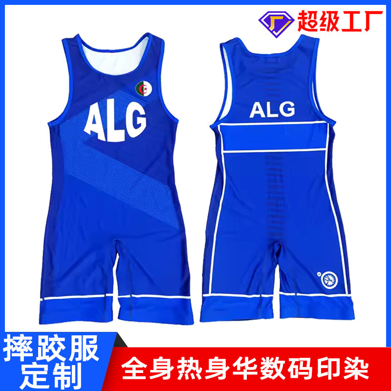 Sublimation full body print men's one-piece wrestling suit custom match weightlifting suit men's and women's free wrestling one-piece vest