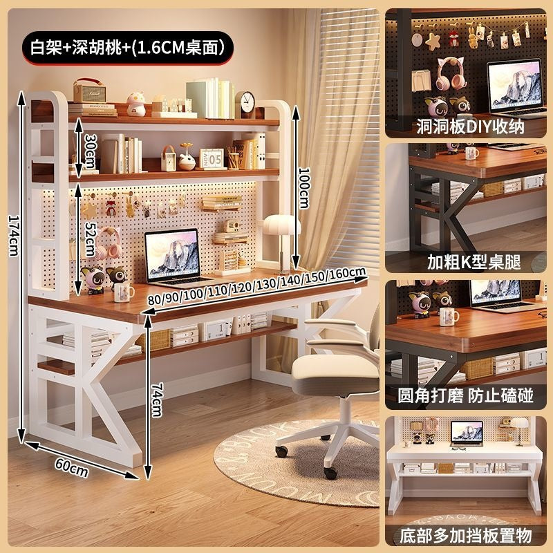 Thickened solid wood desk computer desk for home hole desk bookshelf table all-in-one combination student bedroom office desk