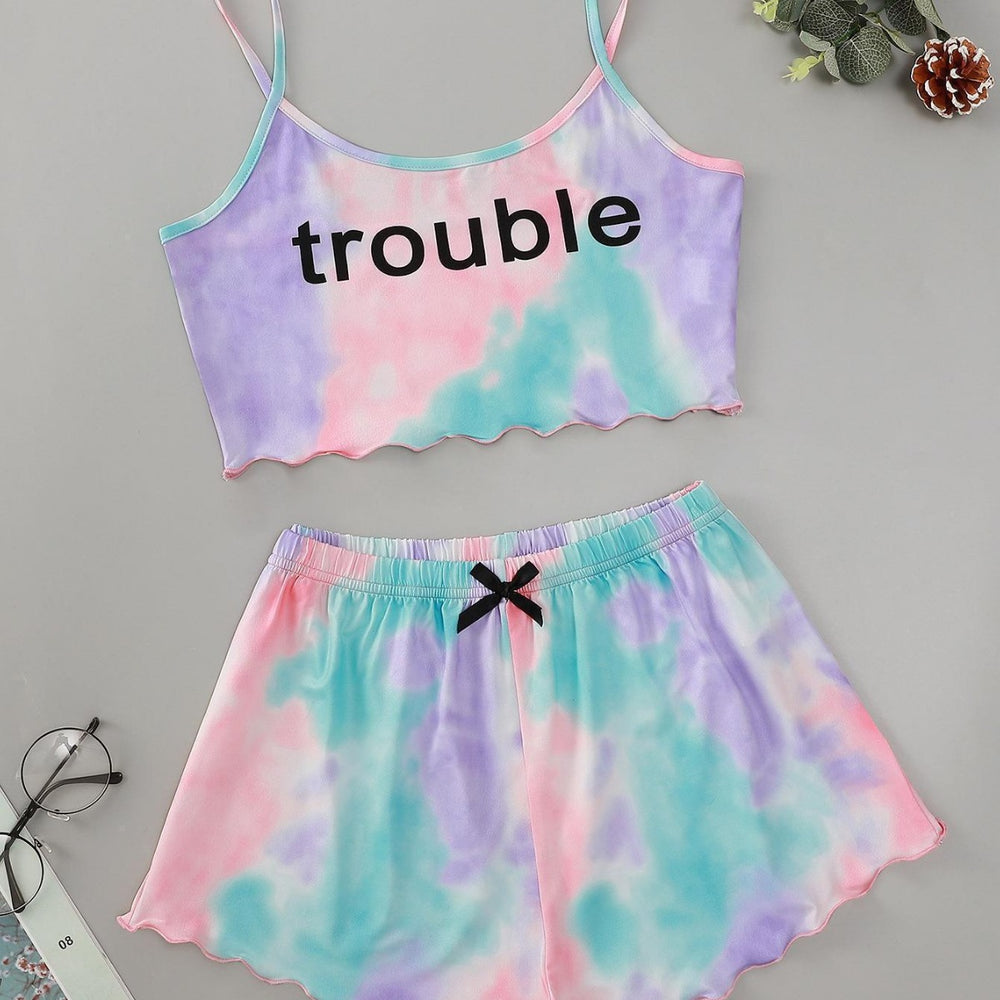 European and american new gradient english "trouble" print top and shorts loungewear set - direct from the manufacturer