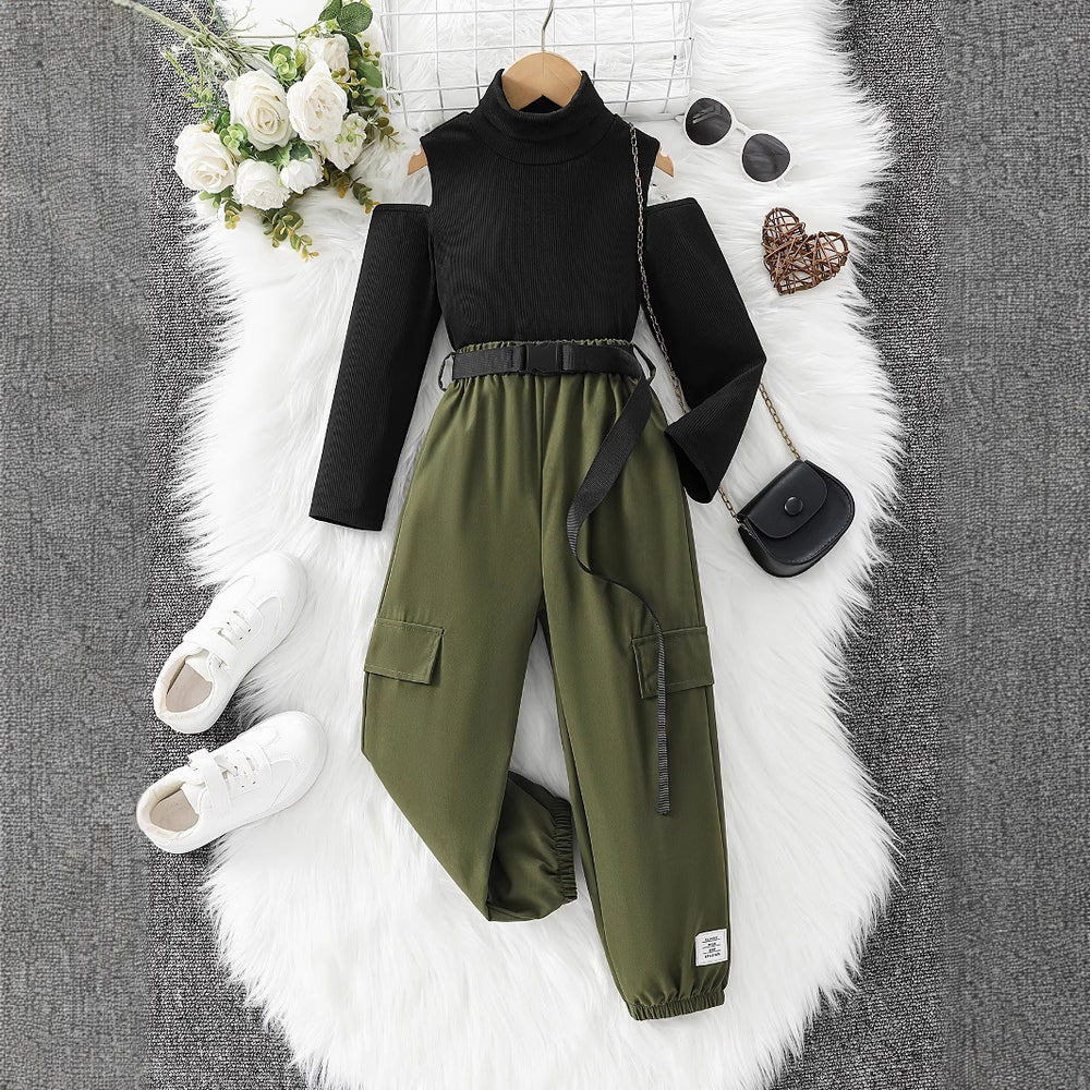 girl's knitted top two-piece set, green cargo wide-leg pants with elasticated cuffs, and a belt – a stylish and cool outfit for kids