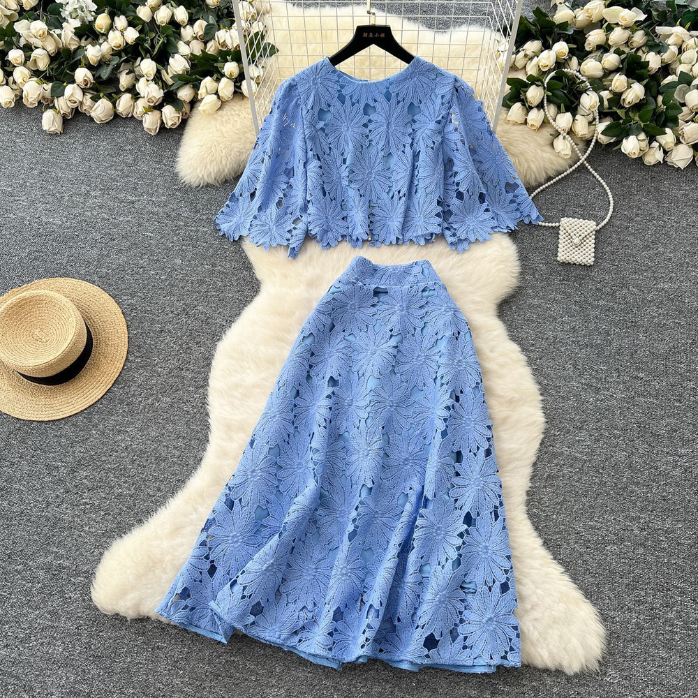 Frenchclassy sense cut out crochet lacesuit women's summerfashionshort bell sleeve shirt high waist skirt