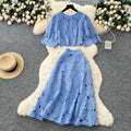 Frenchclassy sense cut out crochet lacesuit women's summerfashionshort bell sleeve shirt high waist skirt