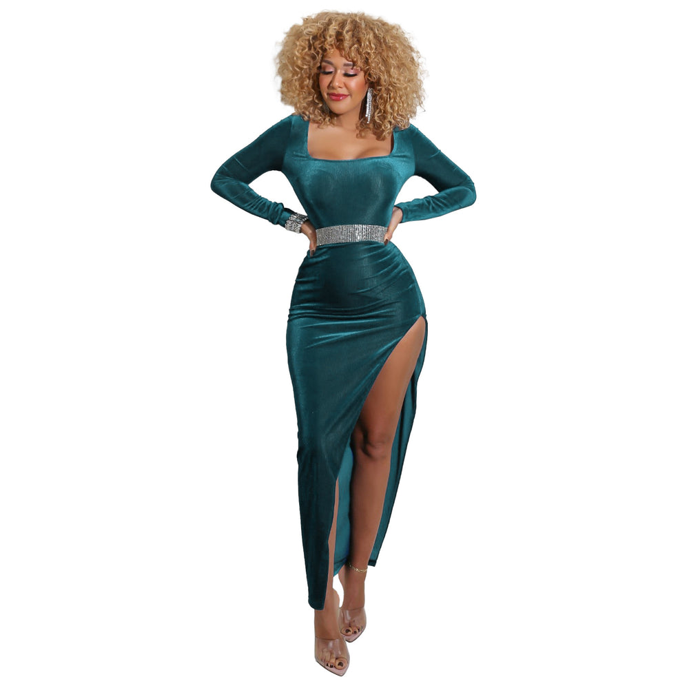 Amazon cross-border fashion:  autumn/winter sexy square neck high slit gold velvet dress - evening party maxi dress