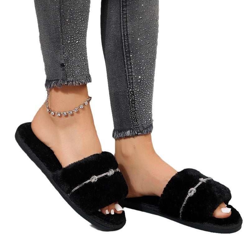 Amazon one-strap plush slippers - new autumn/winter indoor/outdoor warm cotton shoes - rhinestone open-toe fuzzy slippers for women