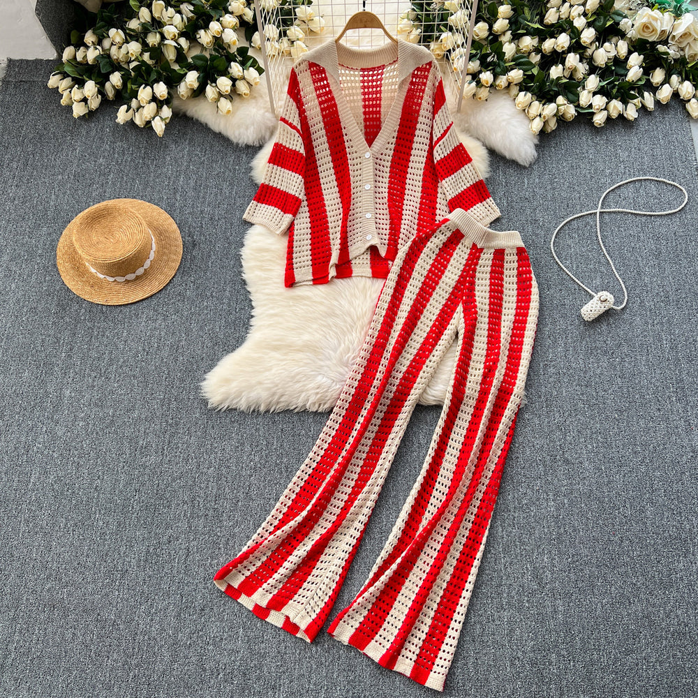 Women's summer v-neck loose knit cardigan top + wide leg pants set - color block striped cutout outfit