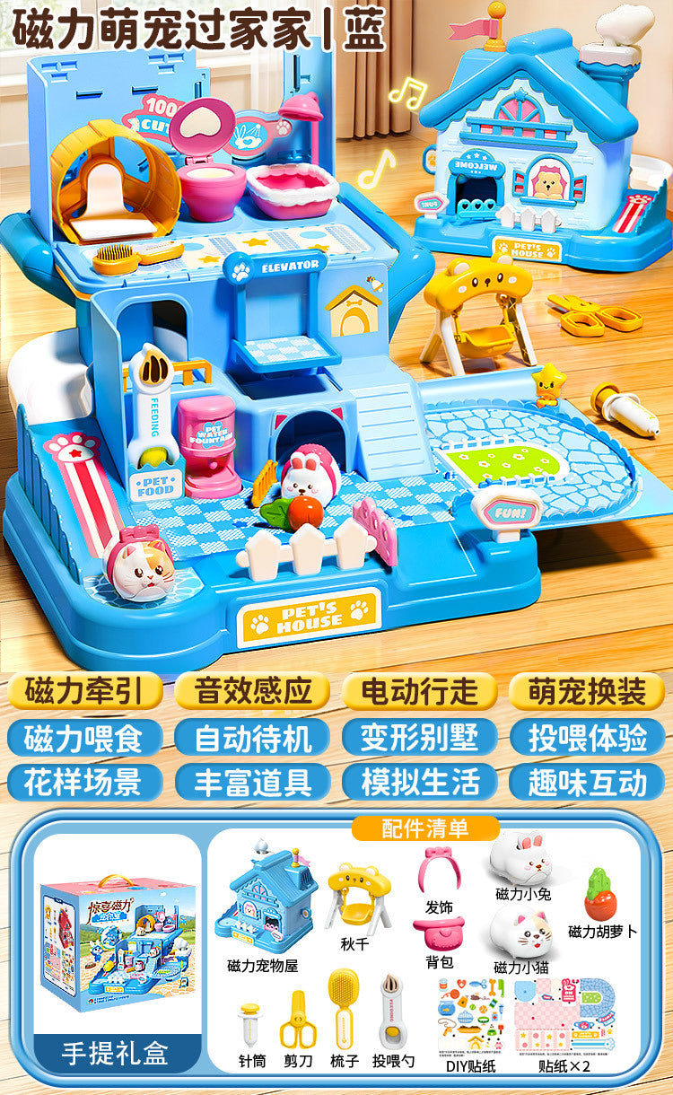3-6 year old girls' toys, pretend play magnetic pet house, little rabbit & cat dolls, birthday gift for girls