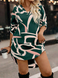 European and american style art print mini dress - v-neck, three-quarter sleeves, loose fit, slimming, slit design, casual dress