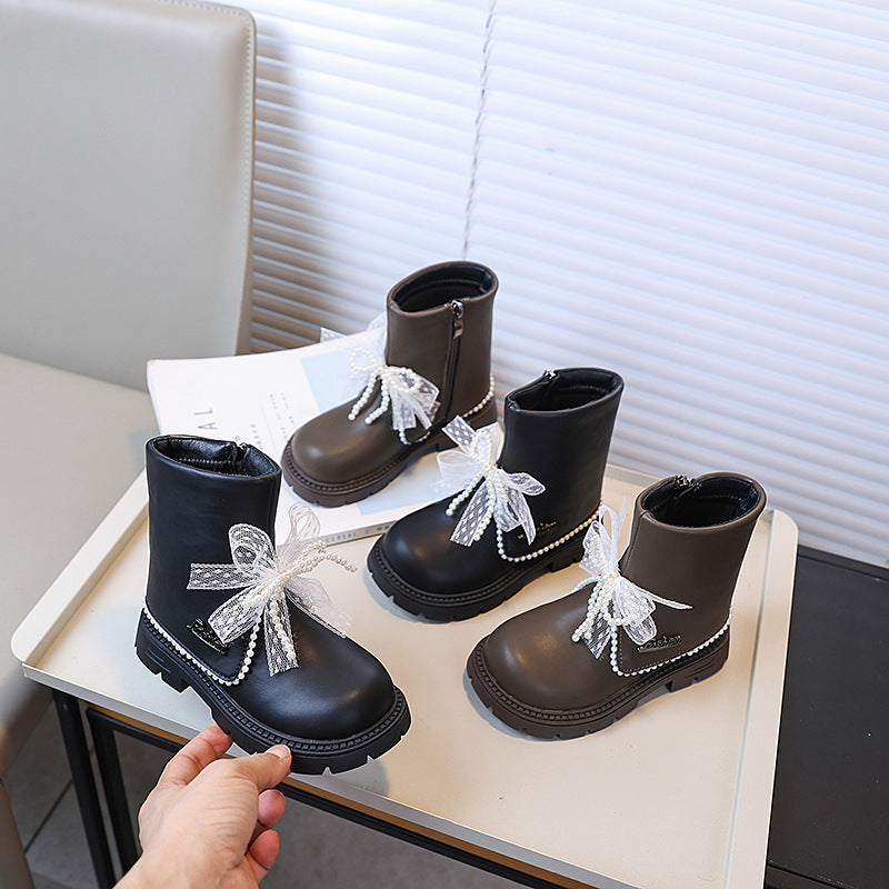 Girls' fashion boots: new autumn/winter collection - kids' british style martin boots with beaded bow detail, versatile leather boots