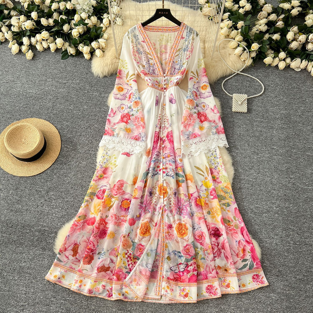 Palace style dress for women  spring fashion european and american socialite deep v neck bell sleeves waist buttoned printing long skirt