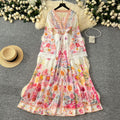 Palace style dress for women  spring fashion european and american socialite deep v neck bell sleeves waist buttoned printing long skirt