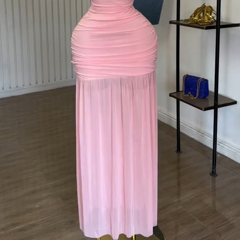 European and american cross-border women's fashion:  summer new arrival - elegant pink semi-high neck ruched slim-fit midi dress