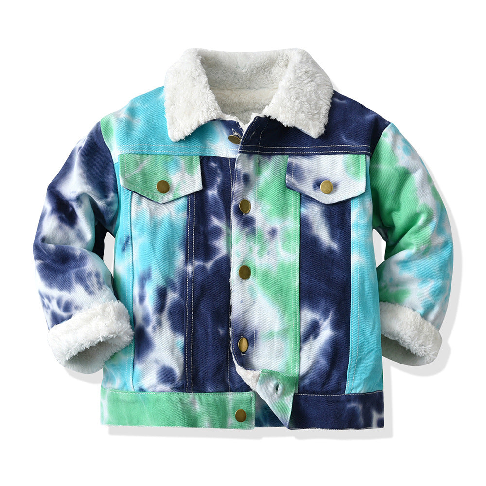 New arrivalkids winter outweargirlk-style tie-dye thick imitation cashmerelapel baby denim fleece-lined cotton jacket