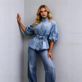 Fashion cross-border  foreign trade strap waist lantern sleeves nine-quarter sleeves easiest for matchretro denim shirt women's tops