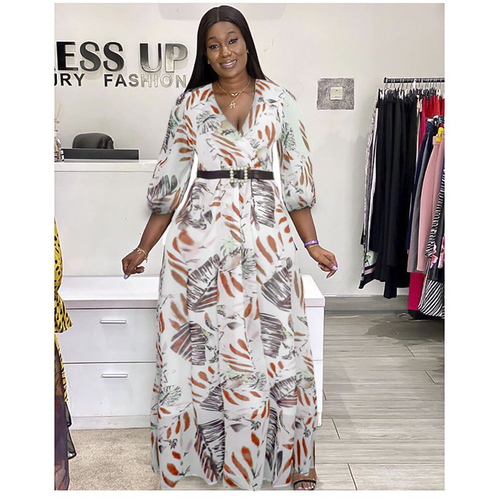 African women's clothing   new sexy v-neck printed dress european and american  long maxi skirt + belt