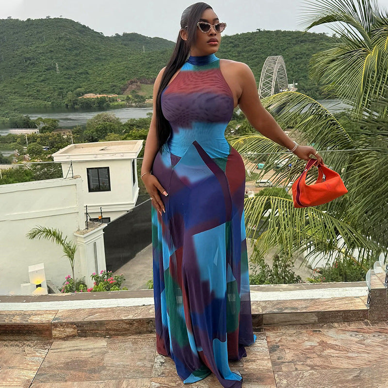 European and american style cross-border women's fashion printed waist-cinching pleated bodycon dress stand collar sleeveless color block maxi dress wholesale