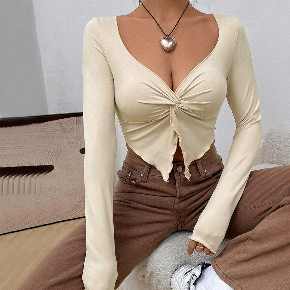european and american women's clothing  fall/winter new slim-fit v-neck twist knit fashion crop top long sleeve top
