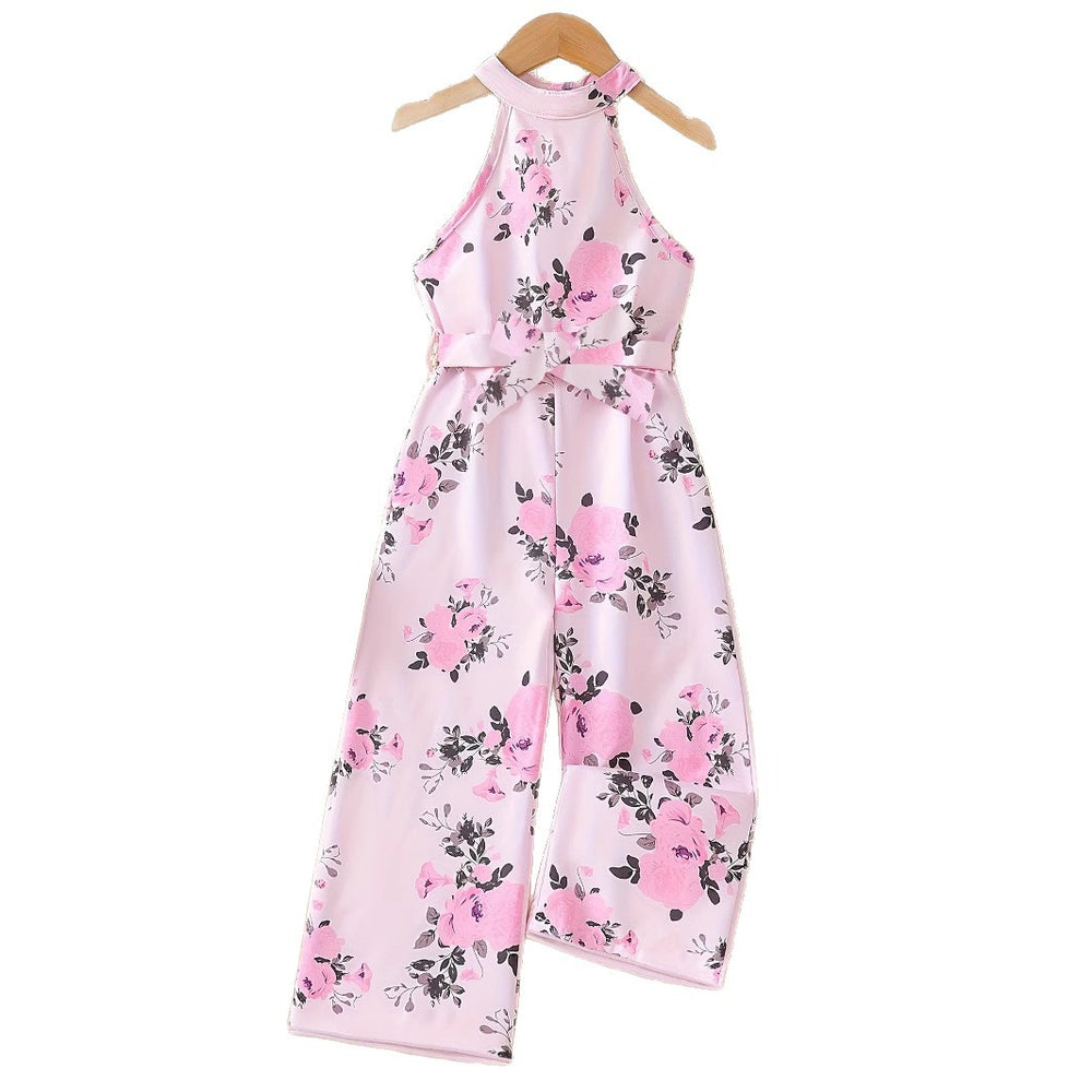 European style girls' summer outfit: halter neck romper with pink rose print and belt - trendy children's clothing