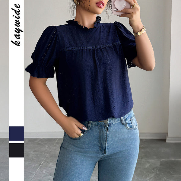 Cross-border European and American lace collar hollow shirt women's clothing 2025 spring and summer   independent station hollow design