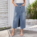 European and american cross-border women's fashion:  spring new arrivals -  independent store, washed denim midi skirt with elastic waist and slit