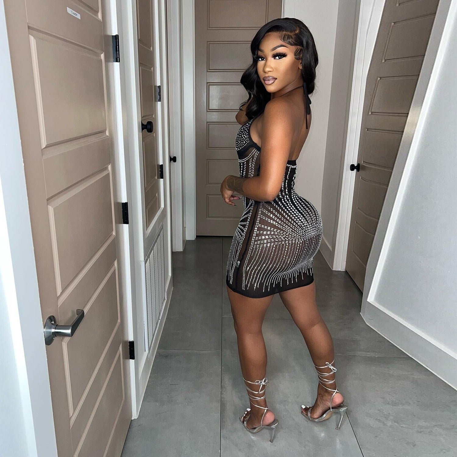 SK2506 sexy European and American suspender slim-fit chest-wrapped hot diamond dress, nightclub dress