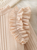 autumn new arrival: round neck ruffle trim princess sleeve top + plaid skirt two-piece set