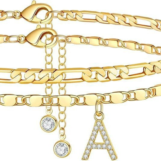 Stainless steel real gold electroplated figaro chain japanese chain 26 letters stacked anklet set bohemia anklet