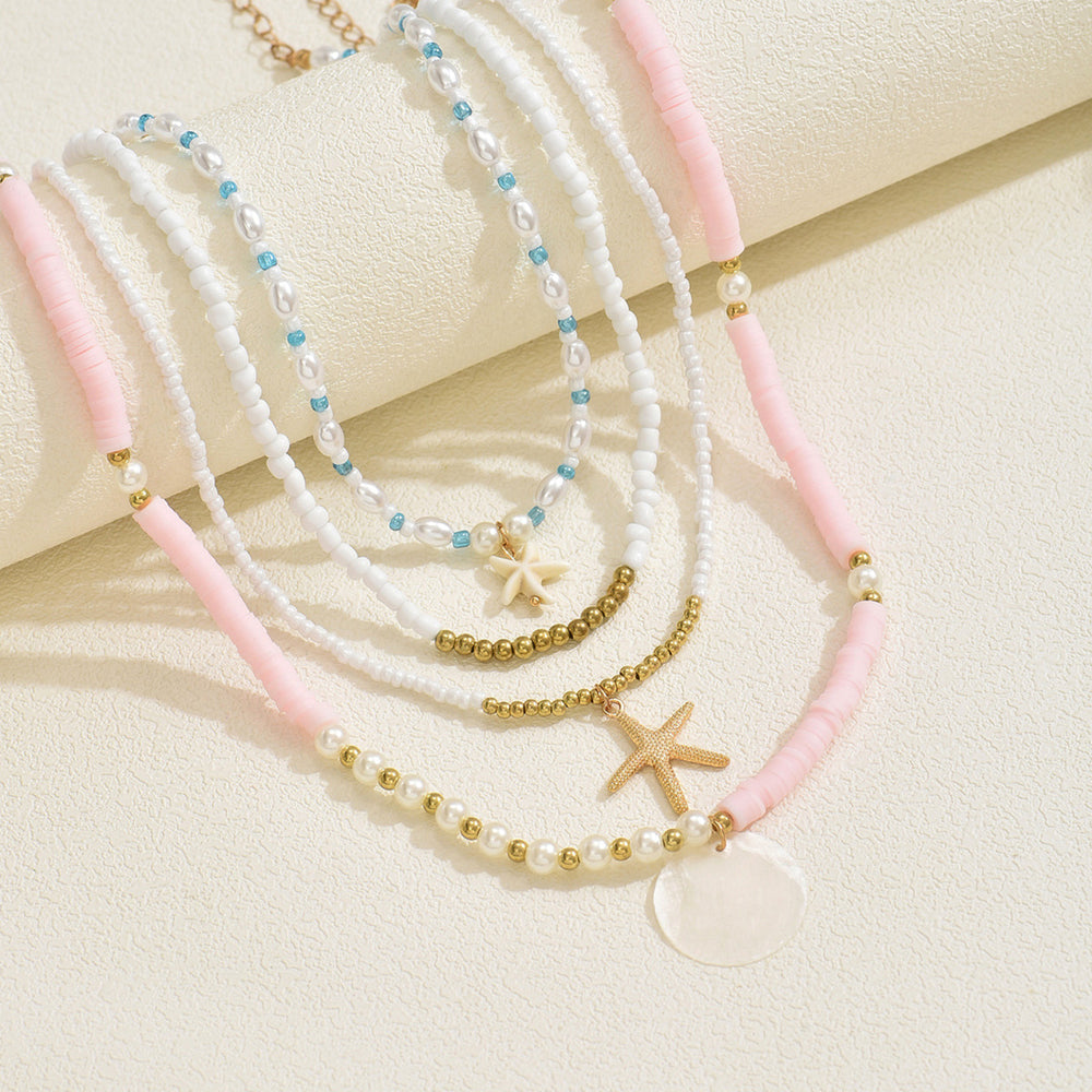 European and american summer bohemian pink polymer clay pearl beaded necklace set - ocean element starfish layered necklaces