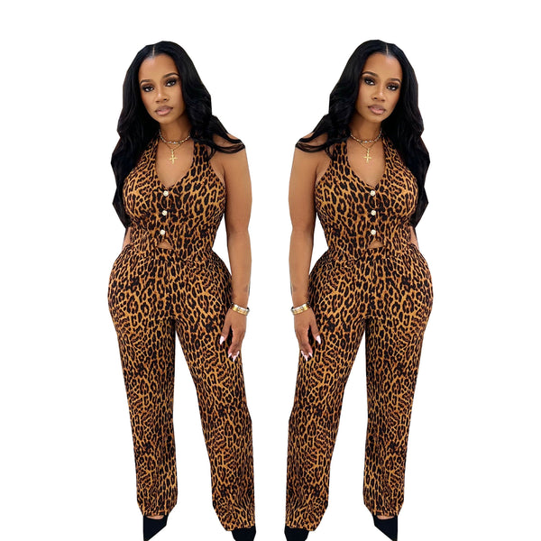 TW646 European and American high-end fashion temperament commuter suit   leopard print sexy Spice girl loose pants suit